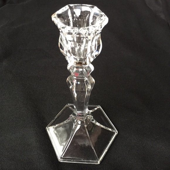 Clear Art Glass Candlestick Holder Hexagonal Base Knobbed Cut Glass Vintage - Picture 1 of 12